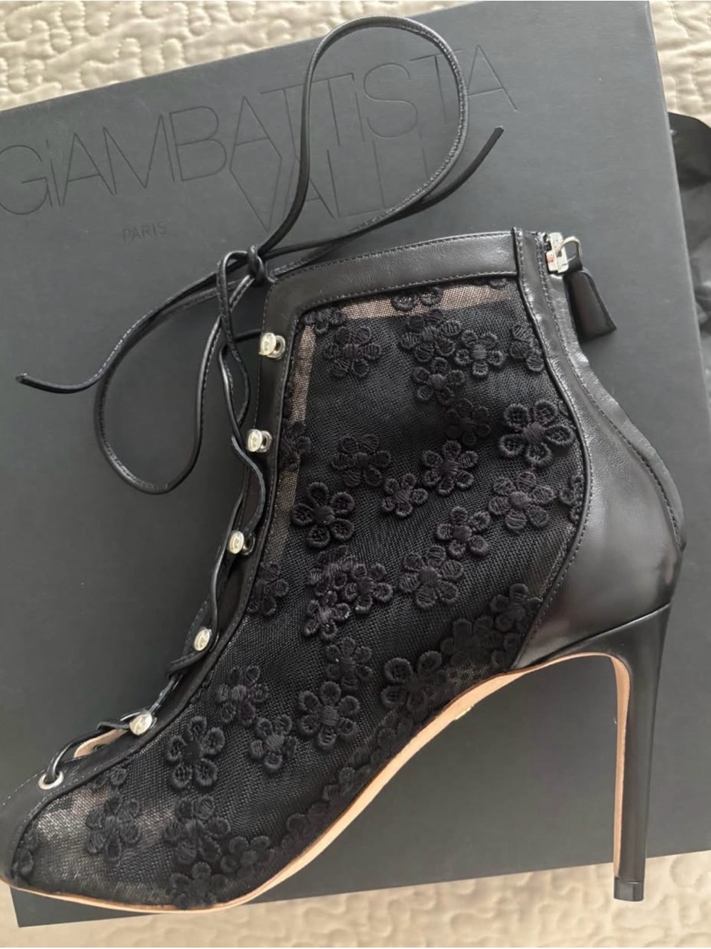 Giambattista Valli Lace Floral Open-Toe Ankle Boots